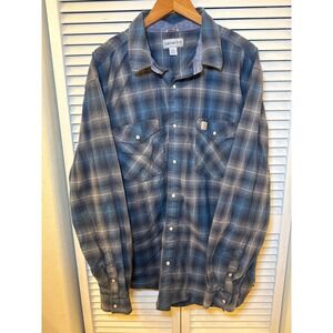 Carhartt Mens 2XL Plaid Pearl Snap Long Sleeve Western Work Shirt Blue Gray